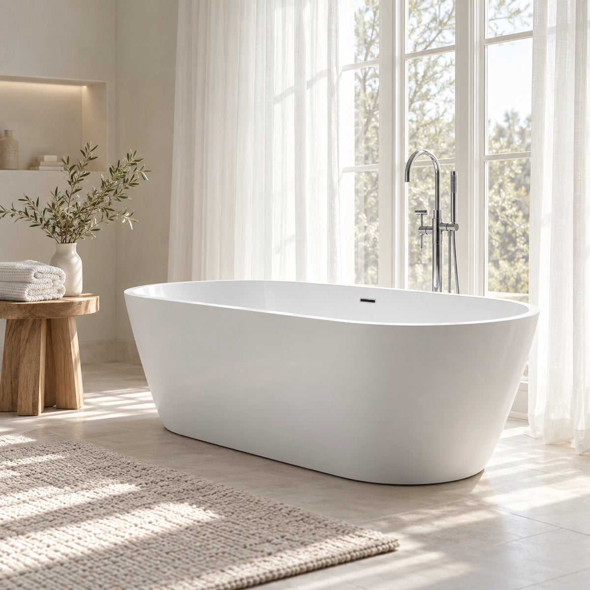 Oval freestanding soaking tub placed in bright bathroom
