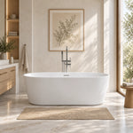 Freestanding white bathtub in modern bathroom scene,faucet not included