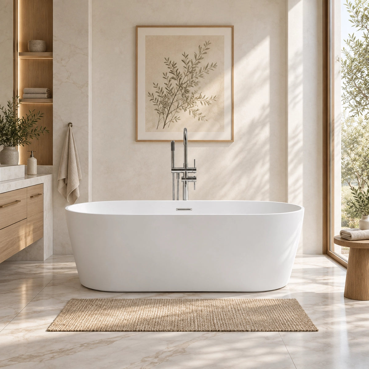 Freestanding white bathtub in modern bathroom scene,faucet not included