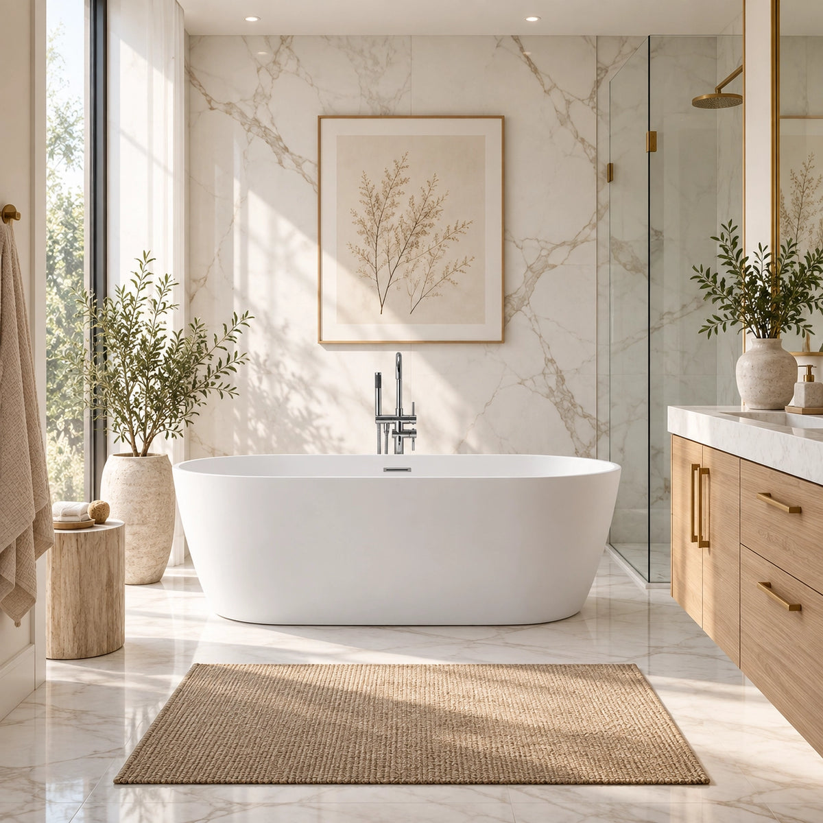 White oval freestanding tub in marble bathroom