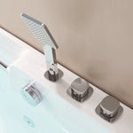 Close-up of chrome faucet control knobs and shower head from 5-piece faucet set