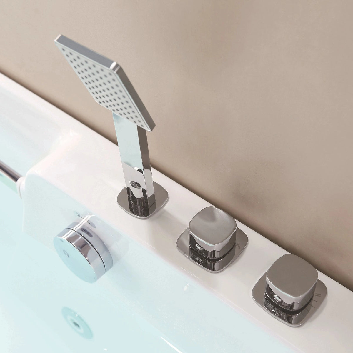Close-up of chrome faucet control knobs and shower head from 5-piece faucet set
