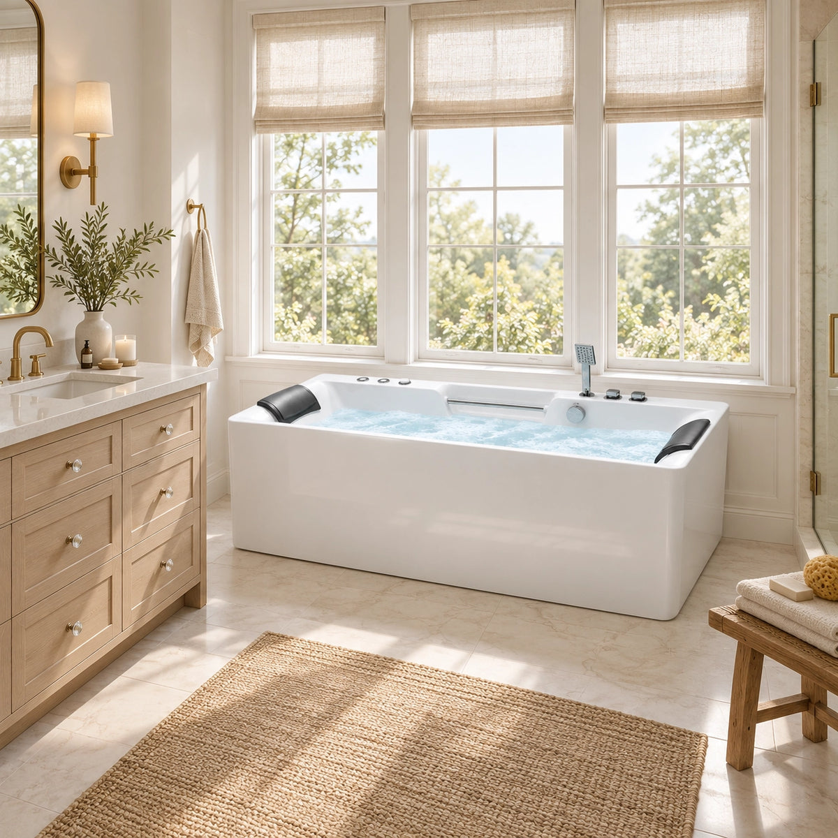 Rectangular soaking tub with 2 pillows and full faucet set, placed in bright farmhouse bathroom