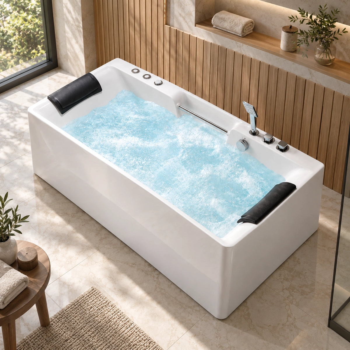 White rectangular bathtub with 304 stainless steel handle and dual pillows, water filled in wood style bathroom