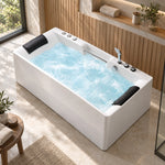 White rectangular bathtub with 304 stainless steel handle and dual pillows, water filled in wood style bathroom