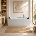Rectangle acrylic soaking tub with complete accessory kit, two black headrests in minimalist bathroom
