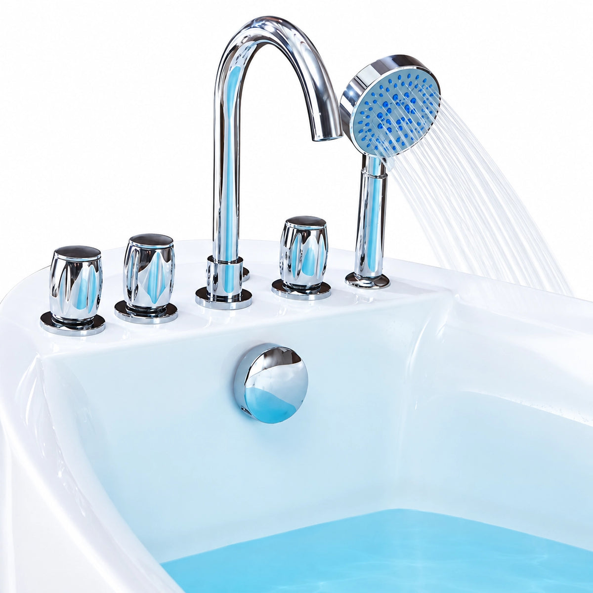 Close-up of bathtub chrome faucet, hand shower and hot cold control knobs with running water