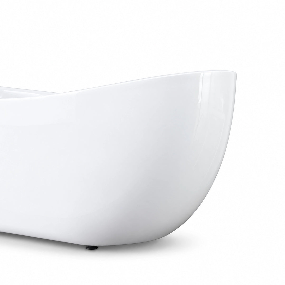 Side profile close-up of glossy white oval acrylic bathtub rim and base support
