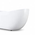Side profile close-up of glossy white oval acrylic bathtub rim and base support