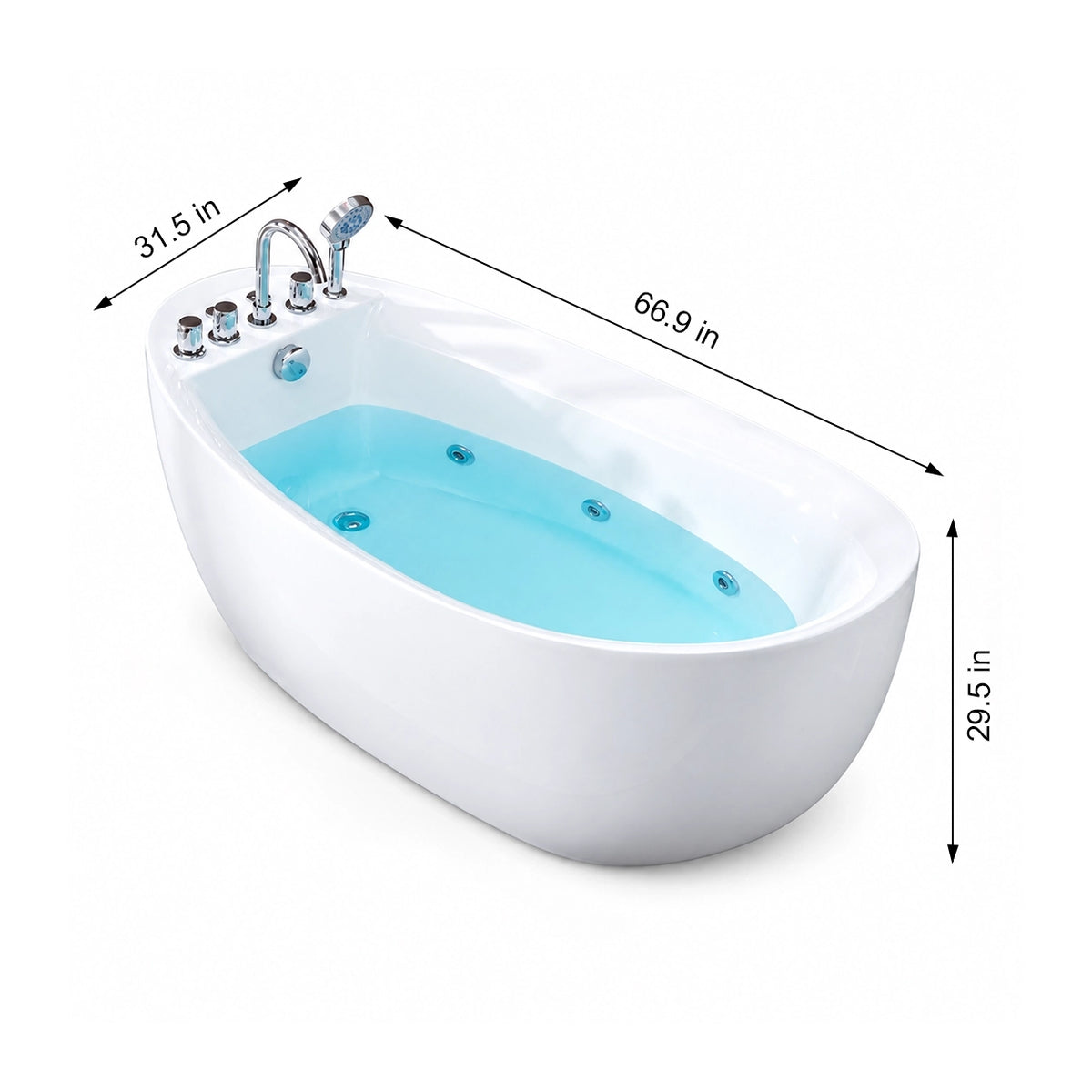 Dimensions for 66.9-inch oval freestanding whirlpool bathtub