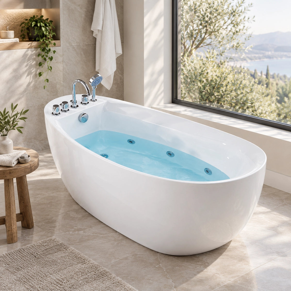 White oval freestanding soaking tub with complete faucet set, placed in bright bathroom with sea view window