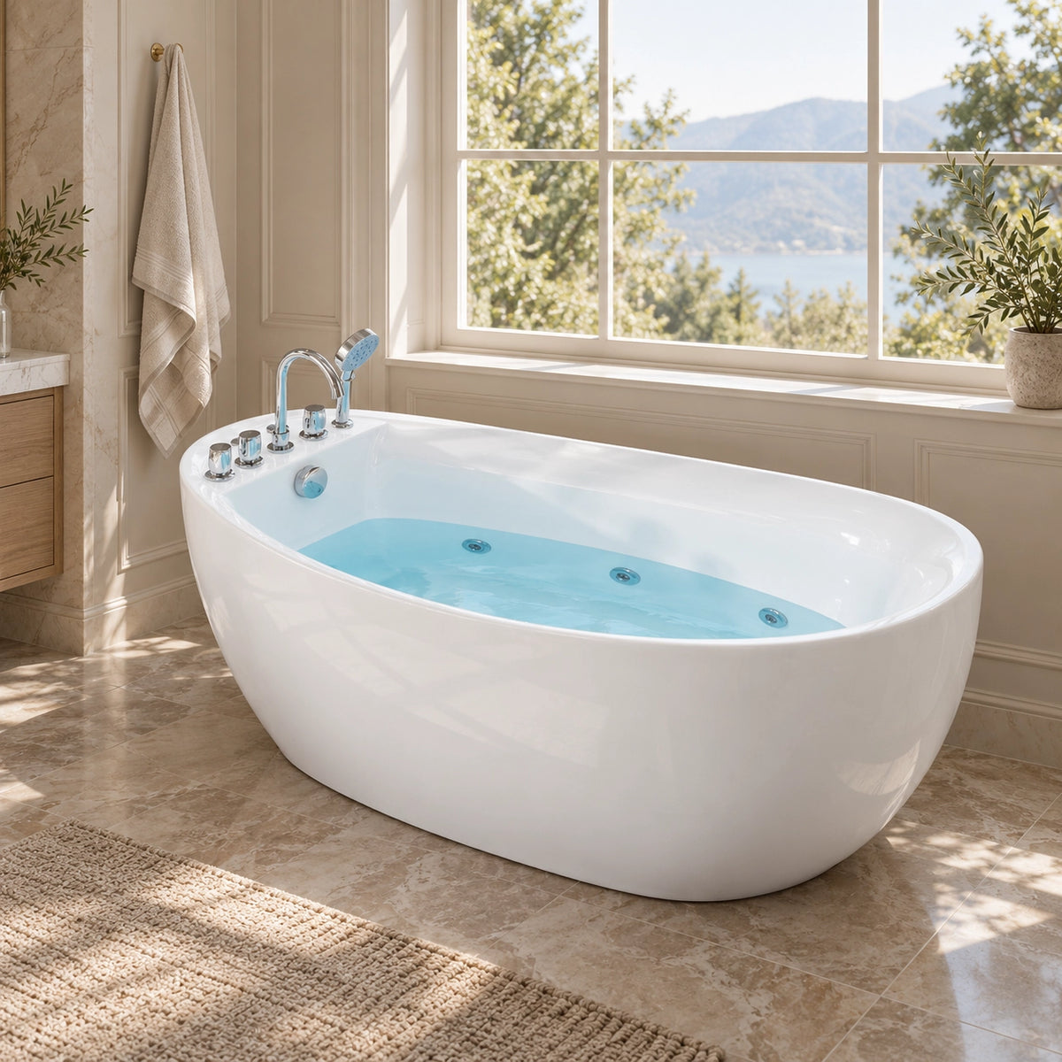 Freestanding oval soaking tub with full faucet accessories, bright traditional bathroom by multi-pane window