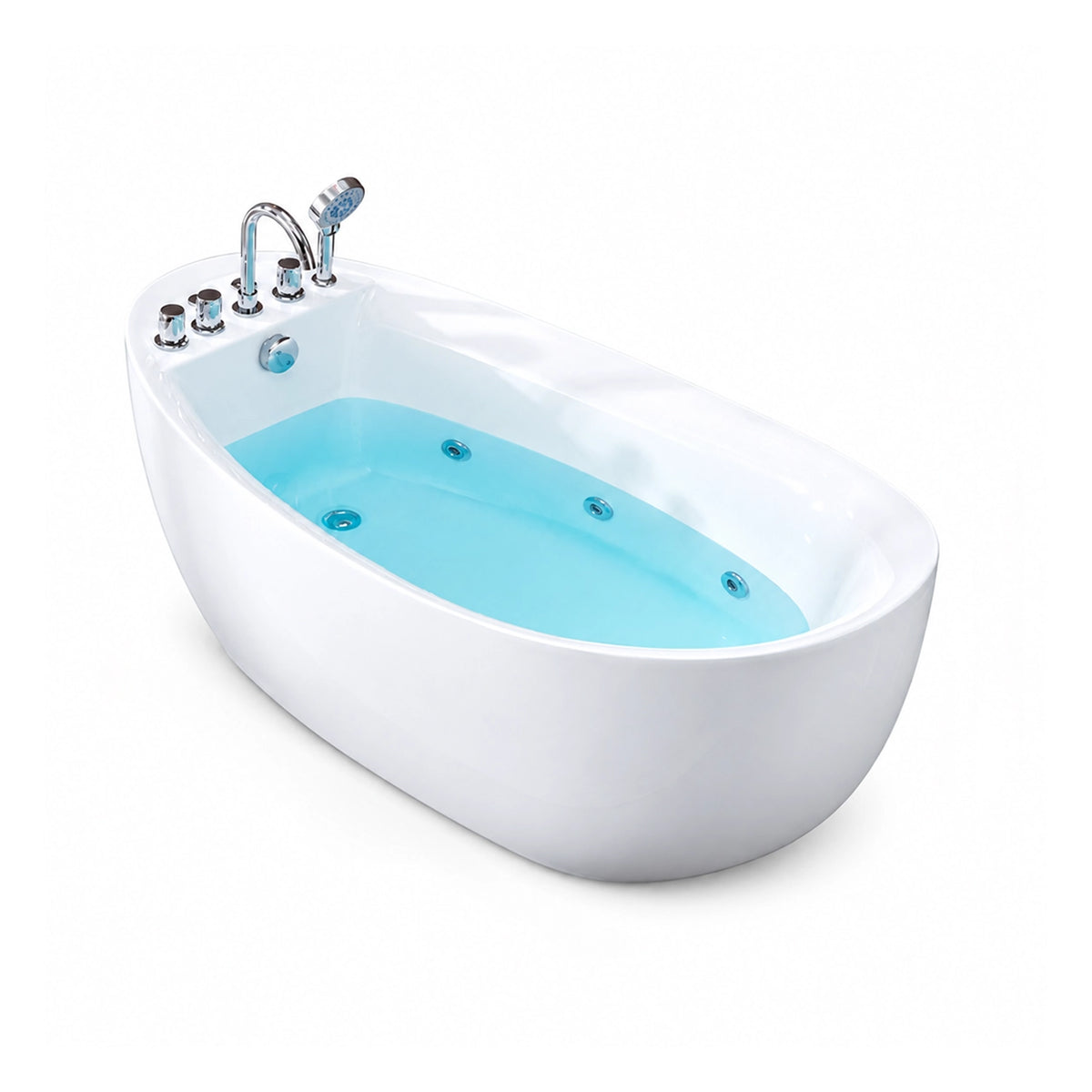 Oval acrylic freestanding soaking tub, complete with faucet, hand shower and pop-up drain kit