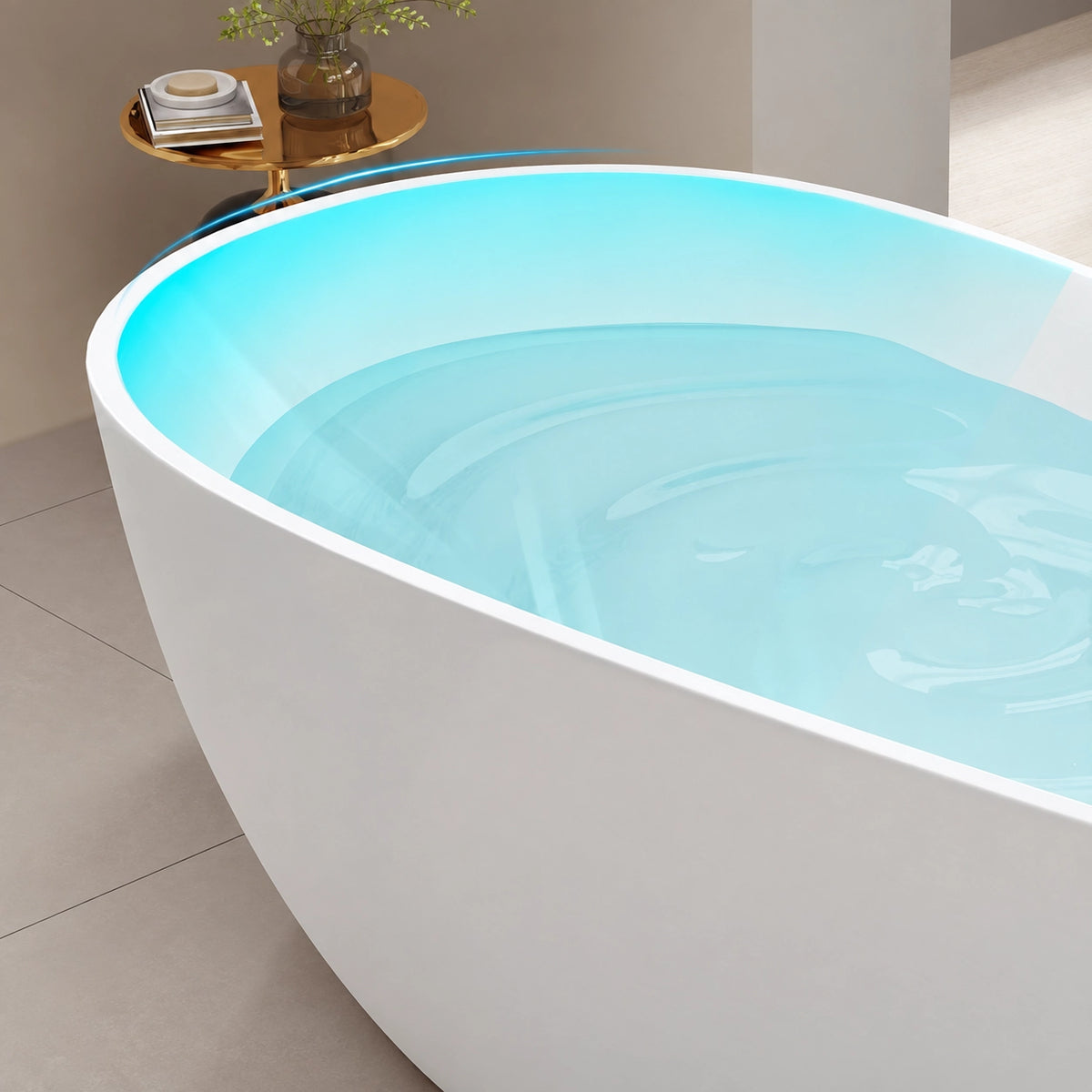Corner closeup of oval bathtub interior with blue water effect