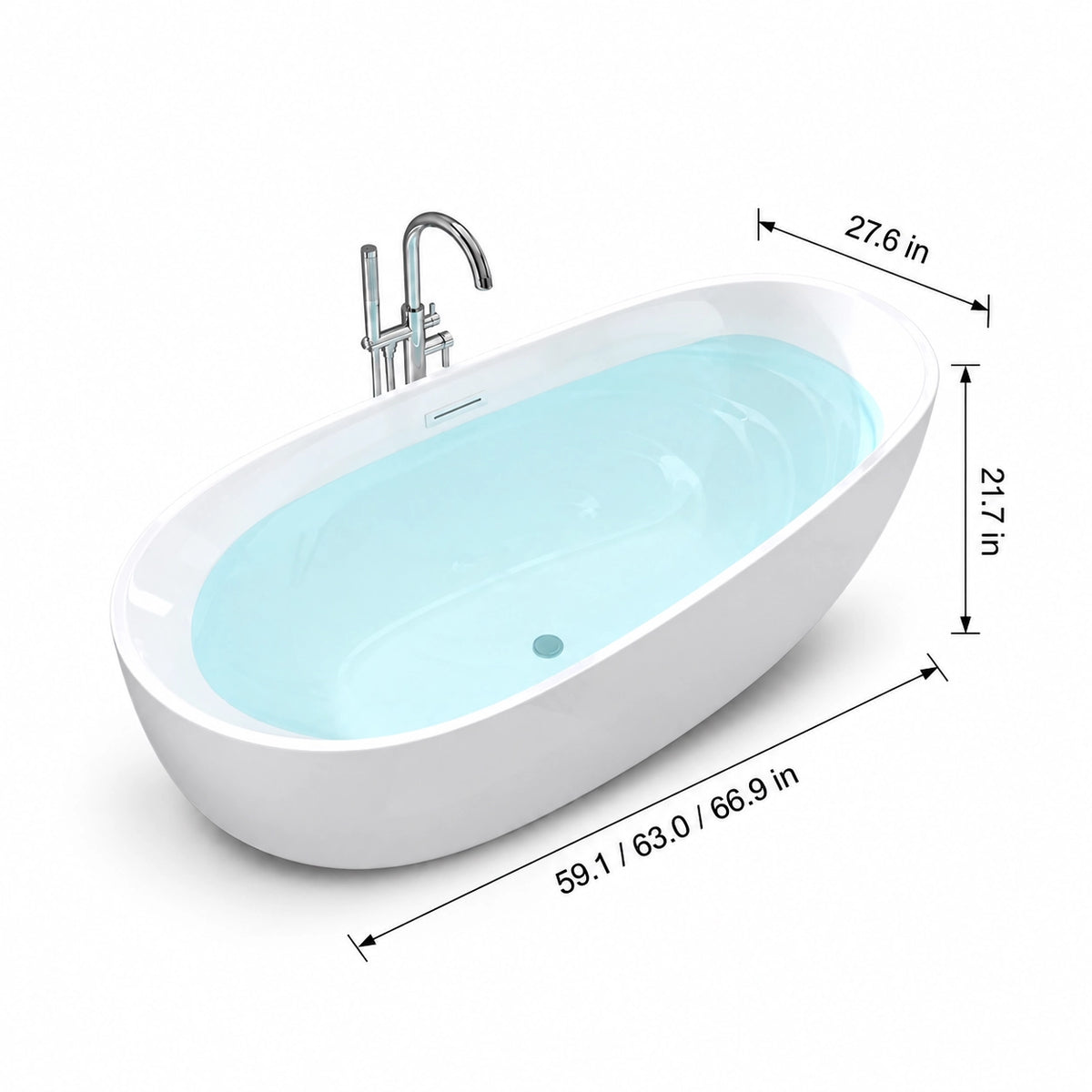 Dimensions for oval freestanding bathtub, 59.1 inch/63.0 inch/66.9 inch