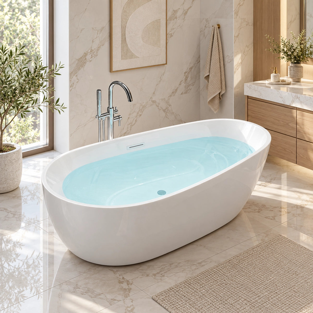 Oval freestanding soaking tub placed in bright marble bathroom with window view