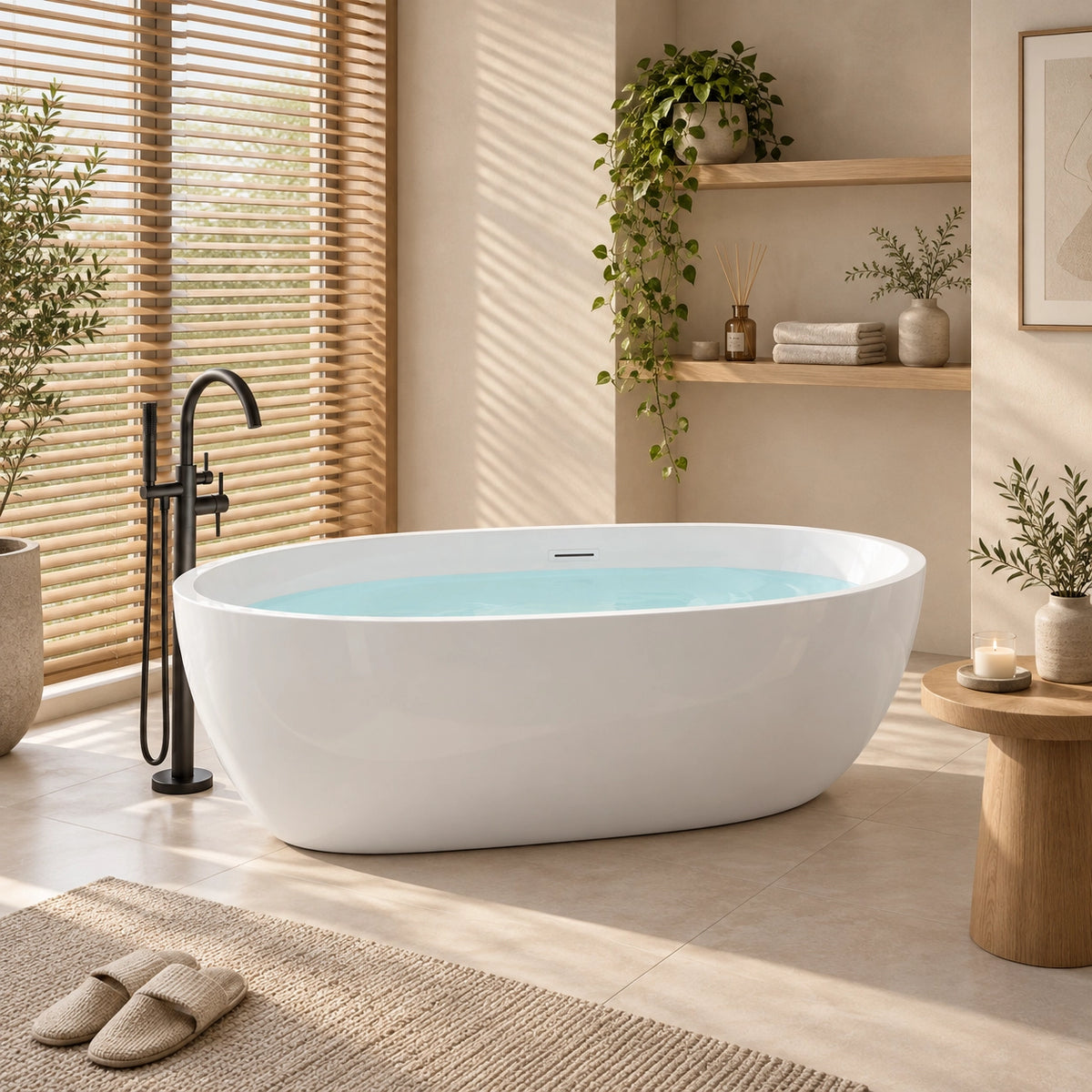 Freestanding oval tub set in light marble bathroom with wall niche storage