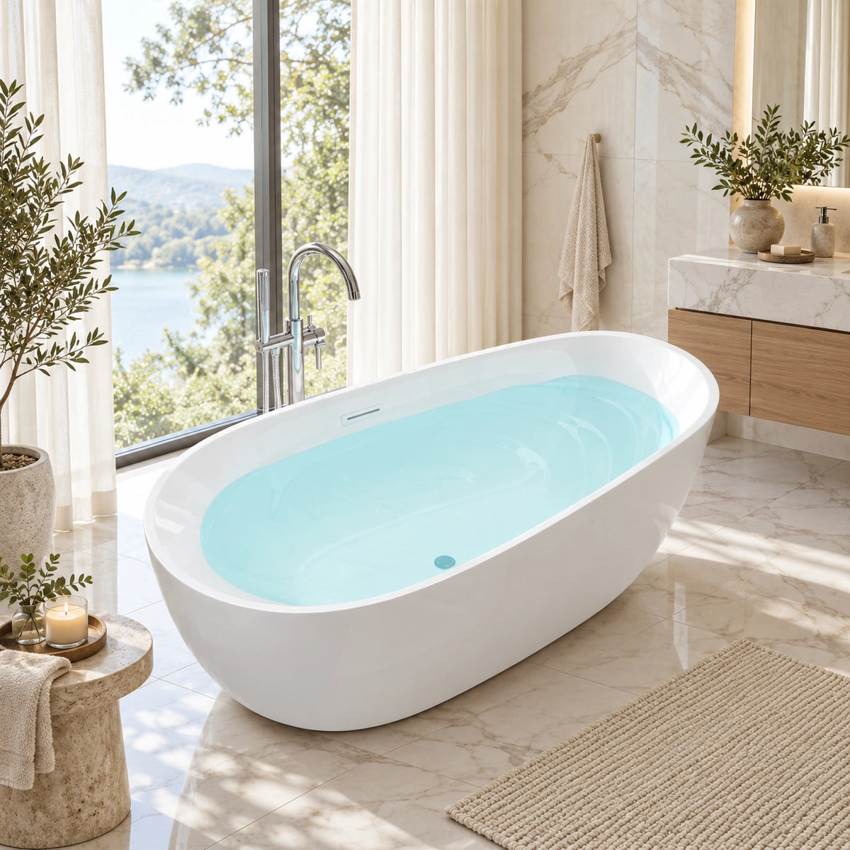 Freestanding soaking bathtub in luxury bathroom overlooking lake scenery