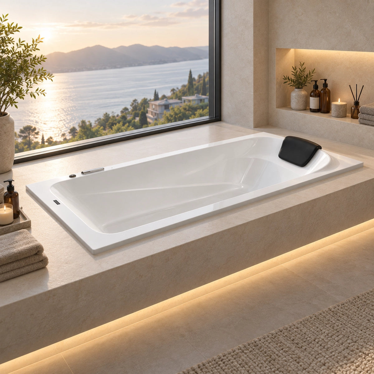 Built-in acrylic tub with black pillow beside large sunset sea view window
