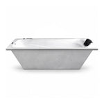 White acrylic drop-in bathtub with matching black headrest