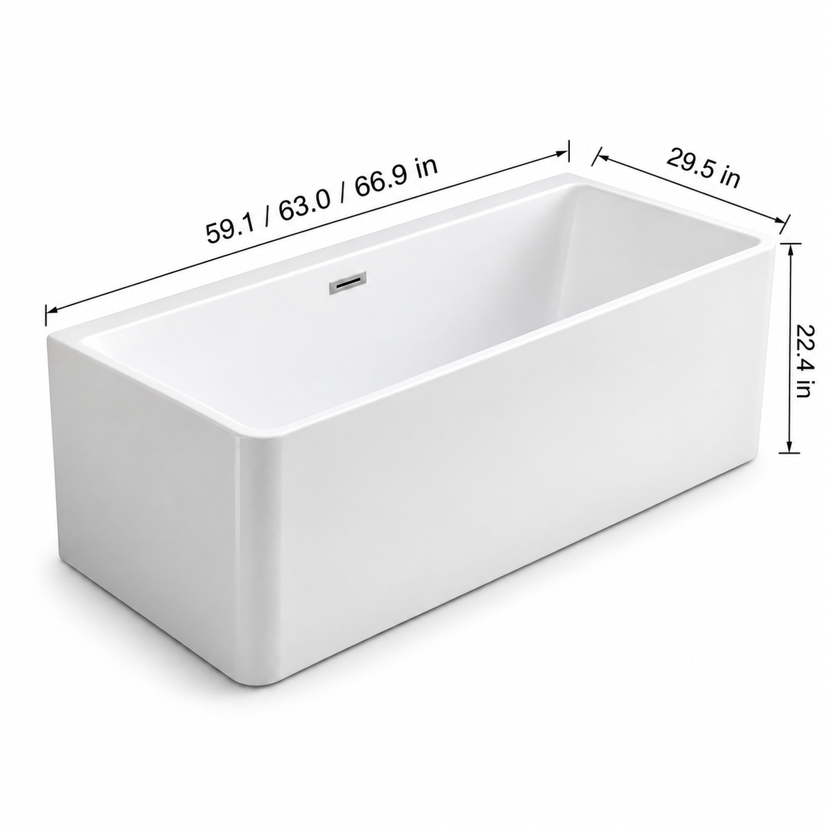 Dimensions for rectangular freestanding bathtub, 59.1 inch/63 inch/66.9 inch