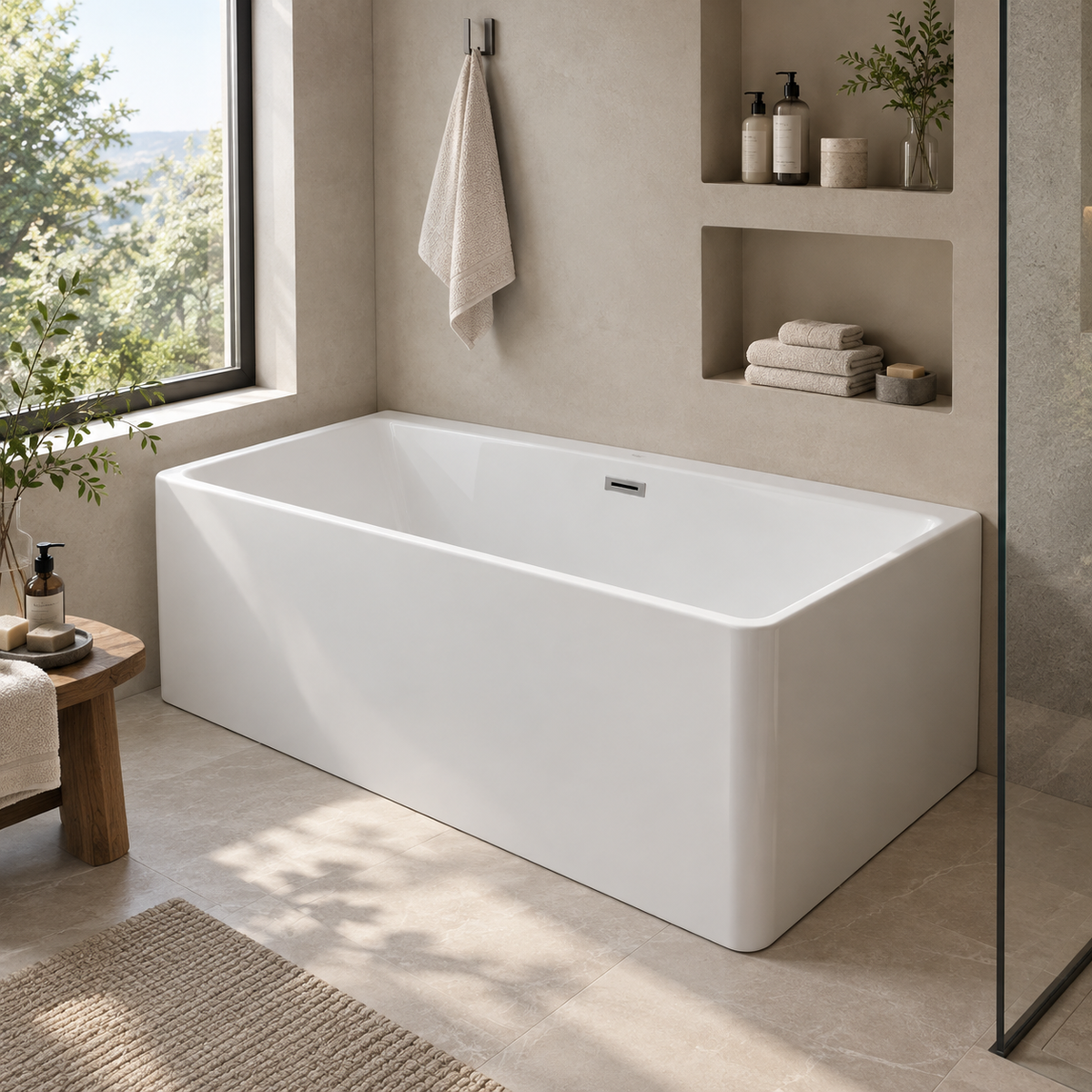 White rectangular freestanding soaking tub in bright bathroom with landscape window