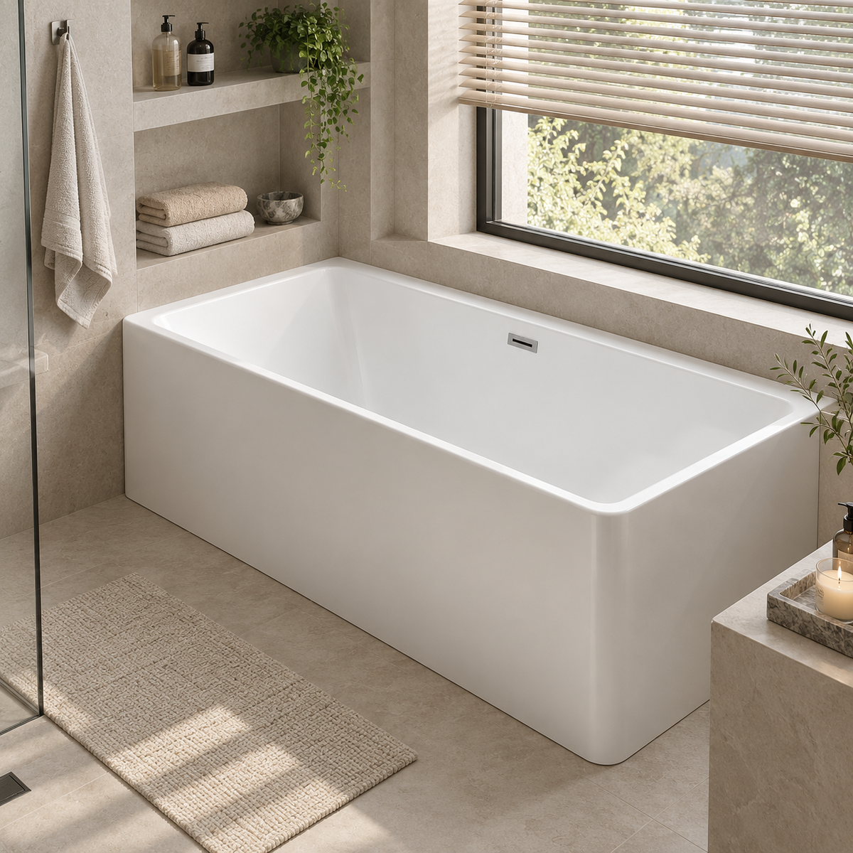 Rectangular freestanding bath beside louvered window in neutral tone bathroom