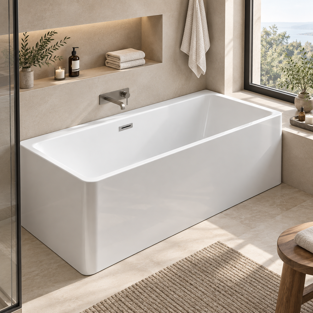 White freestanding soaking tub with wall-mounted faucet in sunlit bathroom