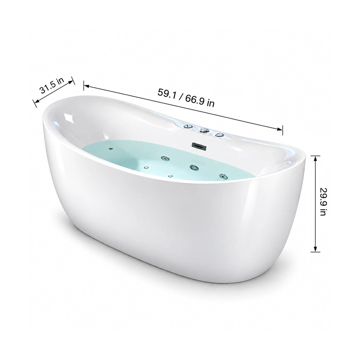 Dimensions for egg‑shaped freestanding bathtub, 59.1 inch/66.9 inch 
