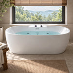 Oval freestanding jetted tub in front of large window with lake view