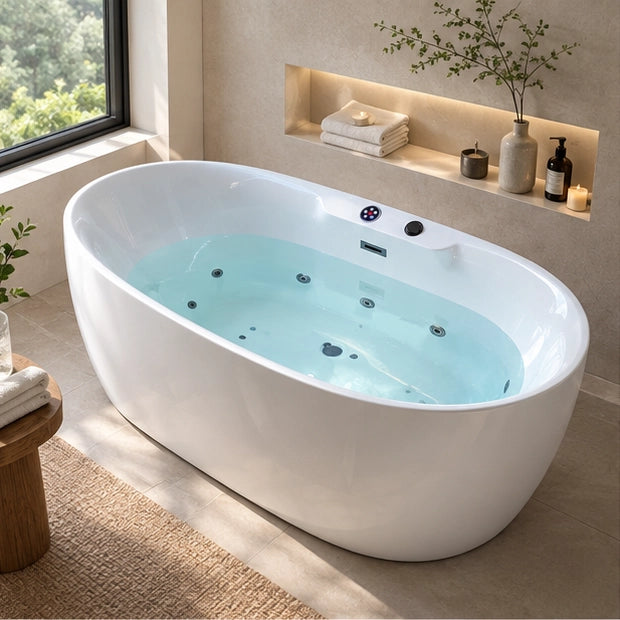 Freestanding oval tub beside built-in storage niche and side window