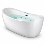 White oval acrylic freestanding jetted soaking tub, empty tub with drain included