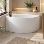 Curved corner tub in bathroom with louvered window and niche lighting