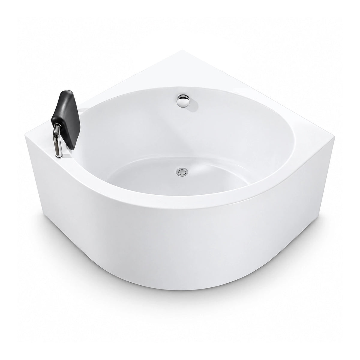White acrylic corner soaking tub, comes with black headrest and drain kit