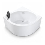 White acrylic corner soaking tub, comes with black headrest and drain kit