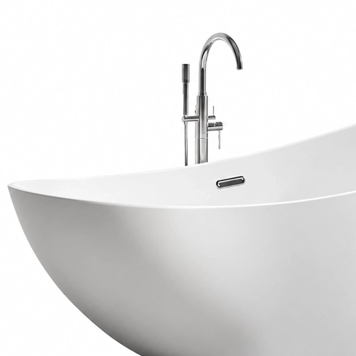 Partial shot of boat tub rim and overflow trim against plain background