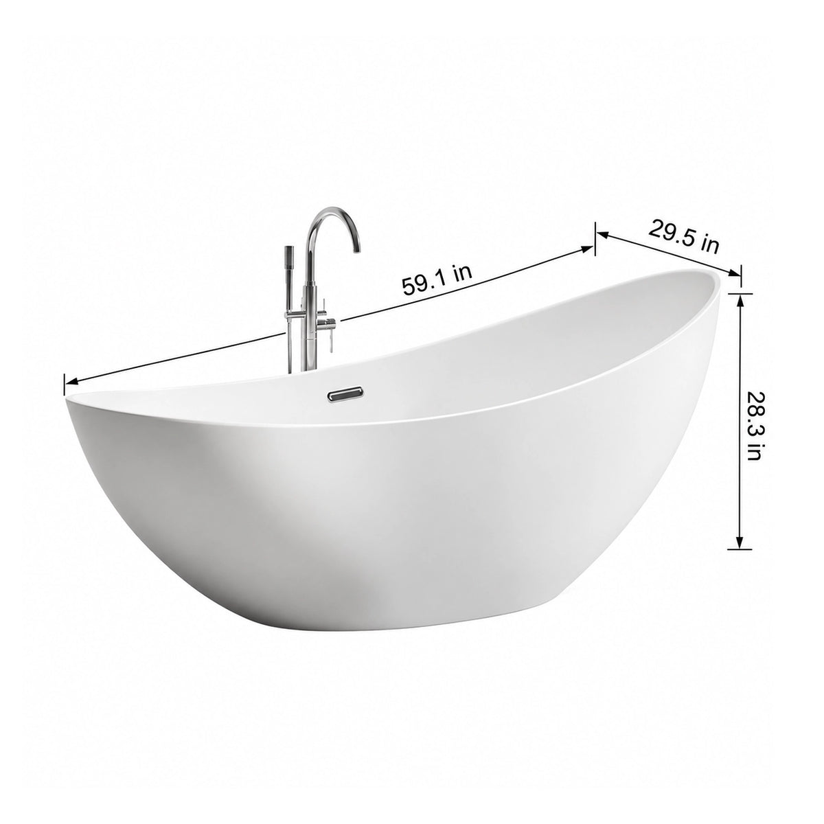 Dimensions for 59.1-inch boat-shaped freestanding bathtub