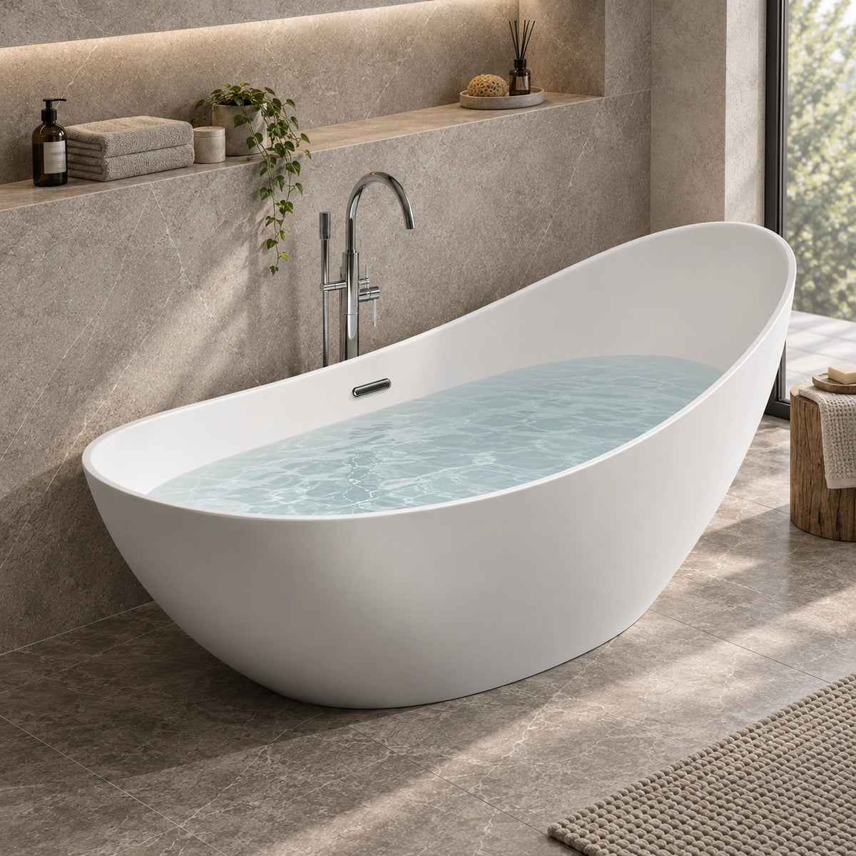 White boat-shaped freestanding tub filled with water in bright stone tile bathroom