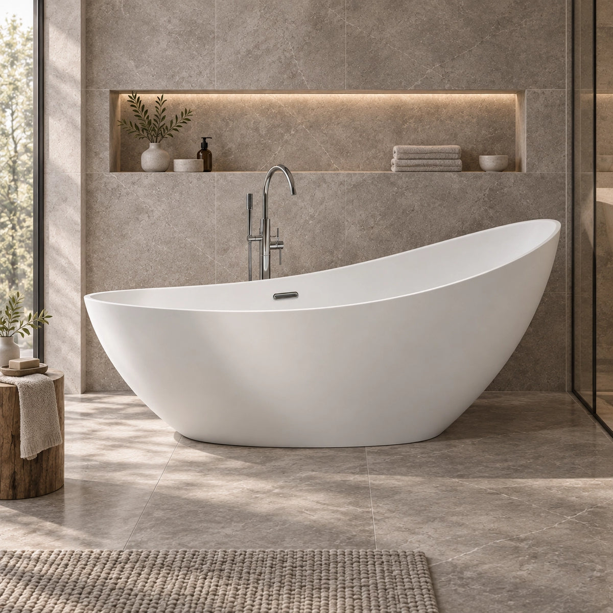 Freestanding soaking tub placed in bathroom with built-in wall niche lighting
