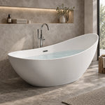 Freestanding white tub with clear water inside beside bathroom wall niche