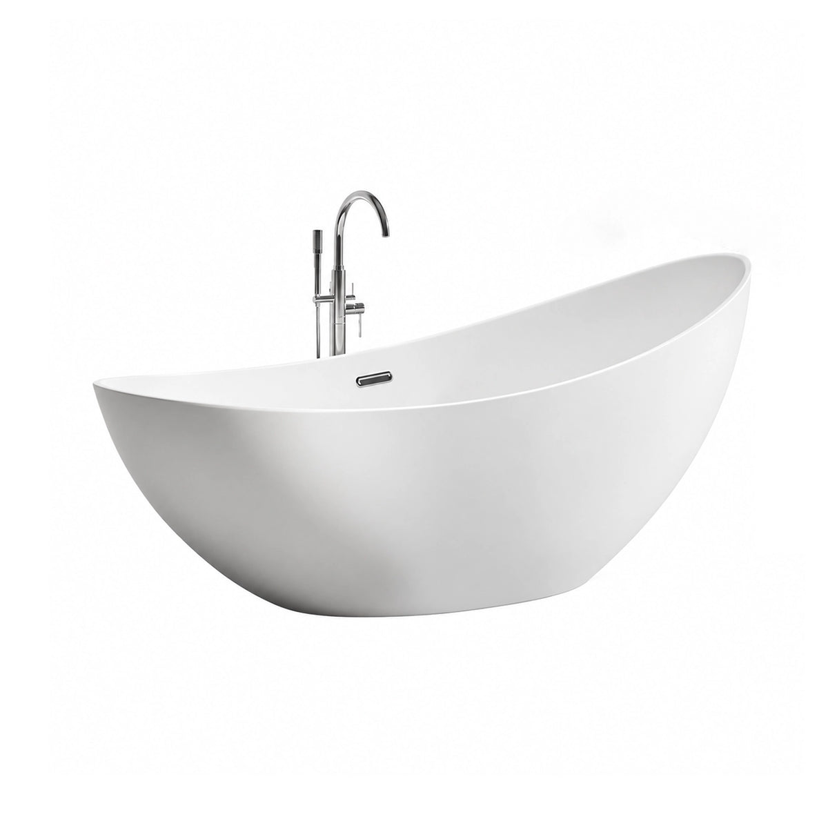 White boat style freestanding soaking tub, empty tub with drain assembly included