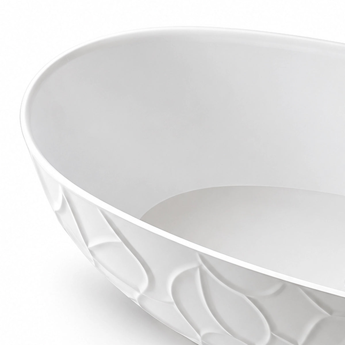 Close-up of bathtub rim and exterior 3D embossed texture