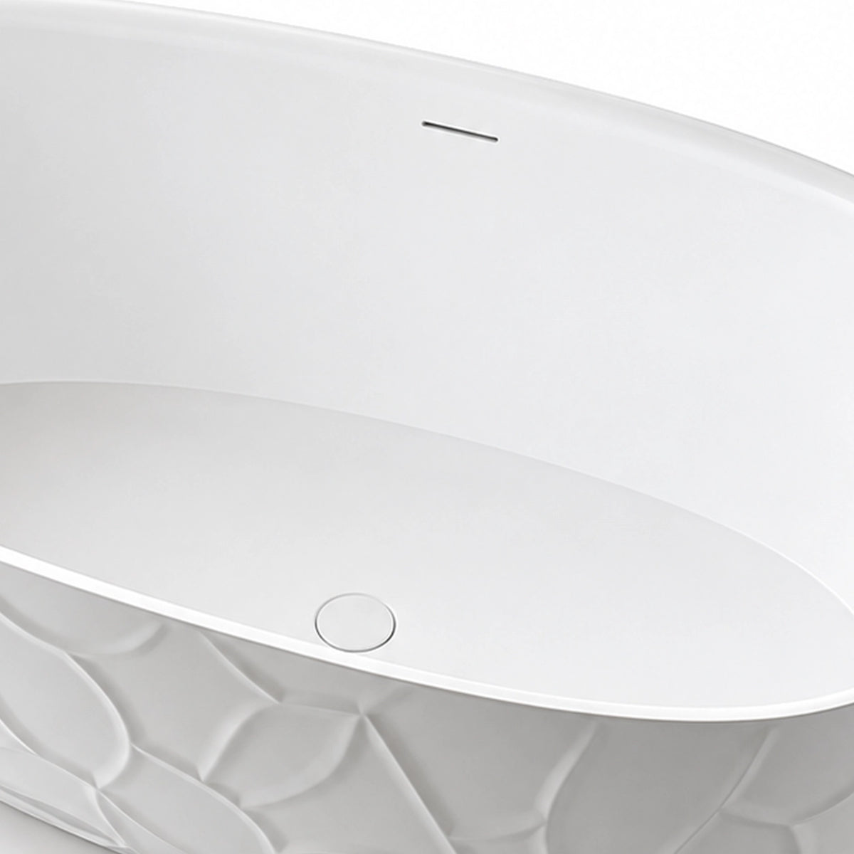 Close view of bathtub overflow hole and pop-up drain inside white tub