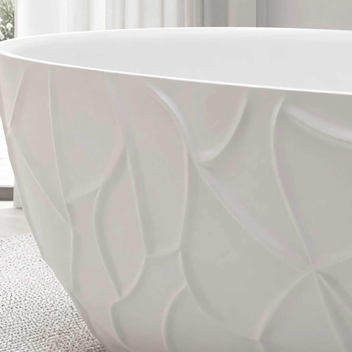 Macro shot of 3D embossed pattern on white bathtub outer wall