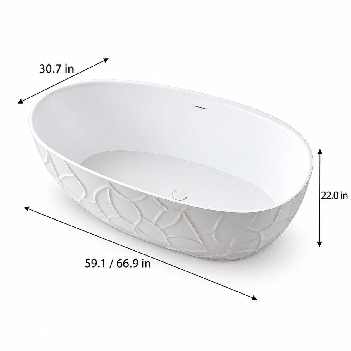 Dimensions for textured oval freestanding bathtub, 59.1 inch/66.9 inch