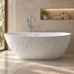 Textured white freestanding tub in bright bathroom with wall niche decor