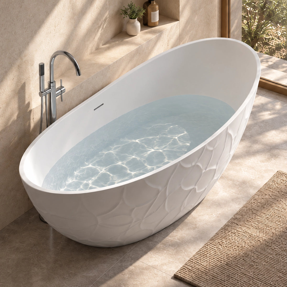Oval embossed soaking tub filled with water beside stone bathroom wall