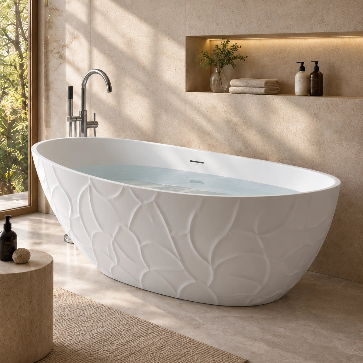 Embossed surface freestanding tub with water inside, sunlit bathroom interior