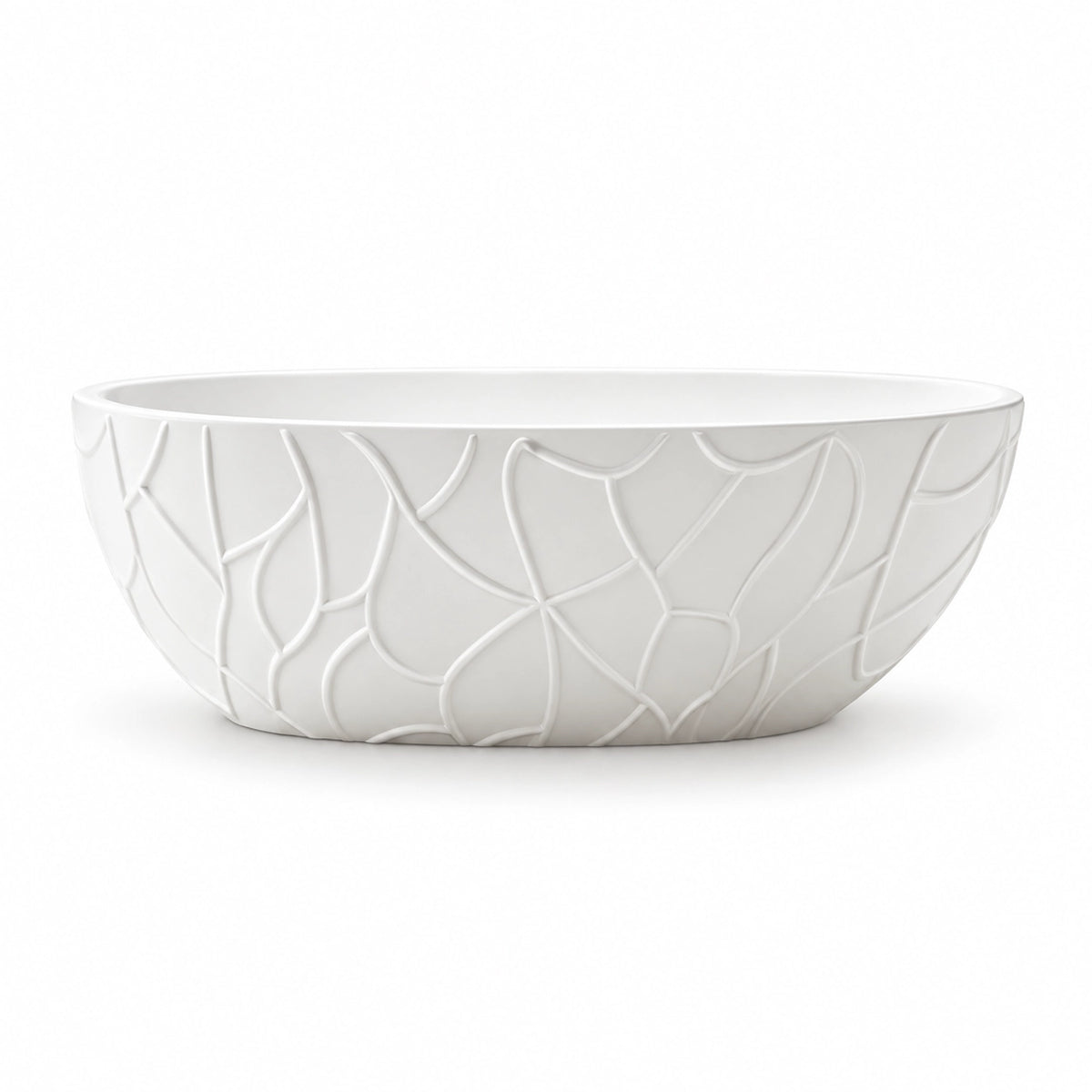 White oval freestanding soaking tub, empty tub with pop-up drain included
