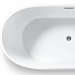 Top-down close-up of tub interior, showing overflow opening and pop-up drain